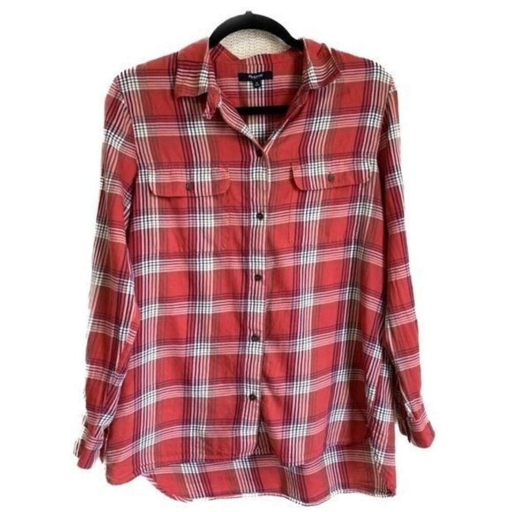 Madewell Women’s Medium Tunic Button Up Top Red Plaid Long Sleeve Western